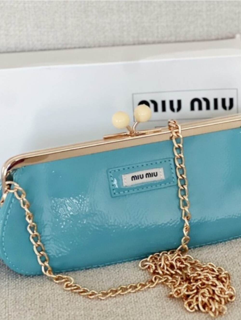Miu Miu Patent Leather Teal Blue Aqua Shoulder Bag Clutch Gold Chain Purse - Picture 3 of 8